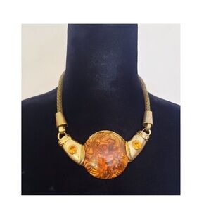 3 piece Vintage Set with a Bold Gold and Brown Necklace with Amber Centerpiece